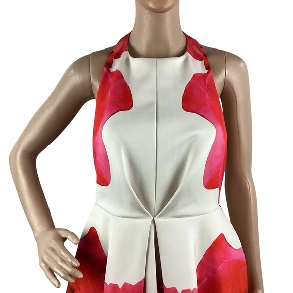 Keepsake Chained Ivory Red Floral Halter Skater Mini Dress Open Back Size L - Picture 2 of 9